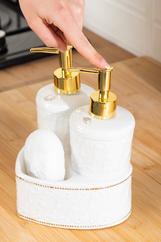 Porsima 3117 Gold Kapaklı Porselen Süngerli 2li Sıvı Sabunluk Beyaz 350+350 Ml Açık Gri - Beyaz
