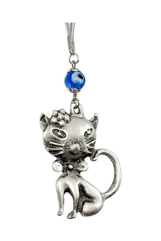 El Yapımı Lacivert Cam Nazar Boncuğu Metal Kedi Dikiz Ayna Süsü /