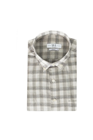 Süvari Bol Kesim Cepli Ekose Desenli Kısa Kol Erkek Gömlek Bej