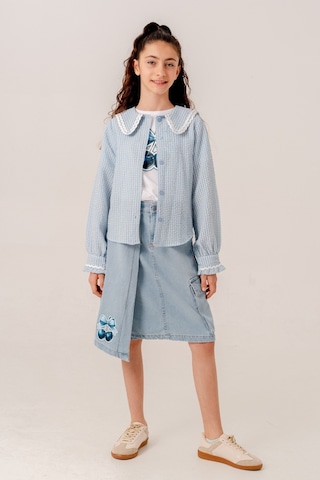 Kız Çocuk Su Taşlı Gömlek T-shirt İkili Takım 1805 Mavi