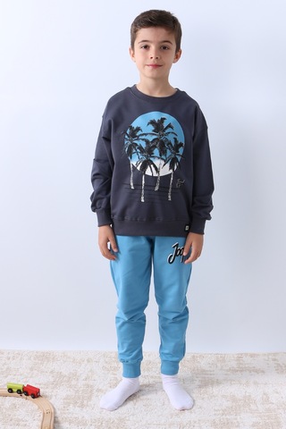 Erkek Çocuk Eşofman Takımı Palmiye Baskılı Ribanalı 4 Mevsim Bisiklet Yaka F13 Mavi