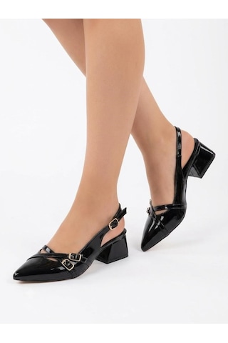 Asmi Shoes Kadın Jela Siyah Rugan 4 Cm Kısa Topuklu Tokalı Ayakkabı