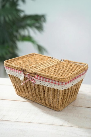 Digithome Kapaklı Rattan Vintage Dantelli Dikdörtgen Piknik Sepeti -9t14 U/6 Kahverengi