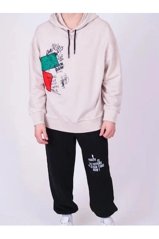 Marions Çocuk Family World Yazıılı Kapüşonlu Sweatshirt-13545 Ekru