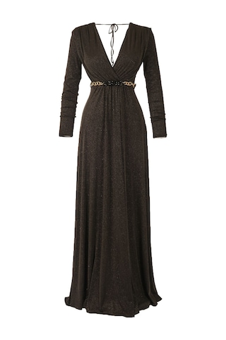 Explosion Maxi Abiye Elbise: Uzun Kol, V Yaka, Şık Kemer Detayı Siyah