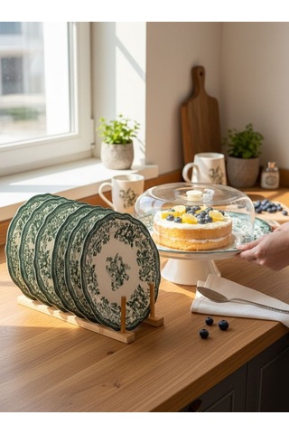 8 Parça Porselen Velour Green Pasta Seti-5687 Yeşil