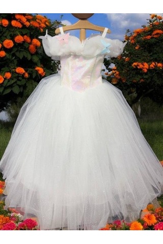 Kız Çocuk Prenses Yaka Kelebek İşlemeli Pullu Tarlatanlı Abiye Elbise-15464 Beyaz