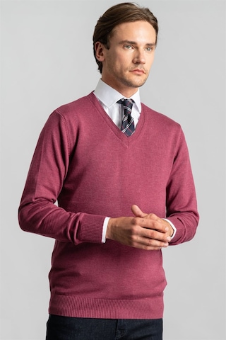 Tudors Slim Fit Dar Kesim V Yaka Pamuklu Erkek Kazak-23125 Pembe
