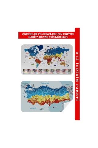 Eğitici - Öğretici Dünya Ve Türkiye Haritası Çocuk Odası Duvar Sticker-60x105-3891 Renkli