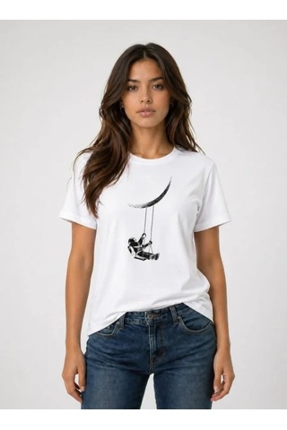Defymoda Astronot Ay Temalı Tişört Kısa Kol Yazlık Bisiklet Yaka T-shirt - Beyaz