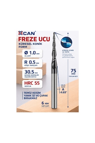 Konik Küresel Freze Ucu R0.5 Ø1 Mm 6 Mm Sap 75 Mm Cnc Freze Konik Küresel Freze Ucu R0.5 Ø1 Mm 6 Mm Sap 75 Mm Cnc Freze