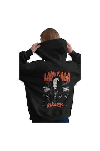 Sevbano Lady Gaga Şarkıcı Baskılı Unisex Oversize Premium Kapüşonlu Hoodi Siyah