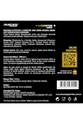 Mustang Nutrition L-carnitine 4000 Mg 1000 Ml 33 Servis Limon + 2 X L-karnitin Shot Hediyeli