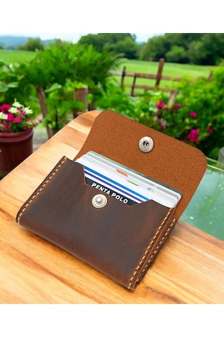 Cronder Hakiki Deri Yan Model Kutu Cüzdan Kartlık Kahverengi