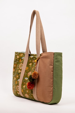 Fabric Craft Bag Omuz Çantası Kadın Duck Kumaş Desenli Büyük Boy Günlük Çanta Kahverengi - Yeşil