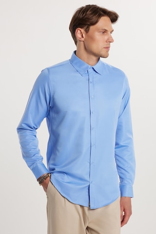Tudors Slim Fit Kolay Ütü Teri Emen Nefes Alan Doku Kravatlık Dört Mevsim Erkek Gömlek-24896 Mavi