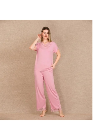 Emvera Kadın Viskon Şık Tasarım Dantel İşlemeli Pembe Kısa Kol Pijama Takımı