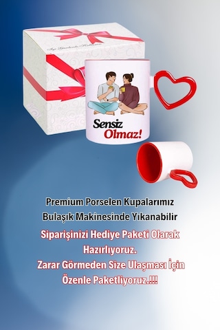 Sensiz Olmaz Baskılı Kalpli Kırmızı Kupa Bardak Çay Kahve Fincanı Beyaz