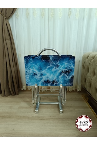 Evko Mobilya Çanta Zigon Sehpa, 4'lü Sehpa, Zigon Sehpa, Servis Sehpası, Camlı Sehpa, Katlanır Sehpa Okyanus Mavi