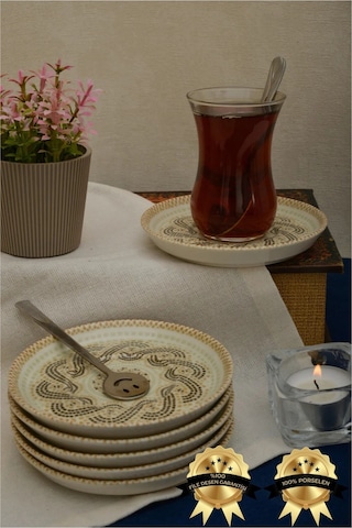 Efes 6 Adet 12cm Porselen Çay Tabağı Kırık Beyaz Çok Renkli