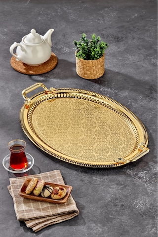 Cooker Özel Seri Oval Model Lüx Paslanmaz Çelik Sunum Tepsisi 34 X 48 Cm Altın