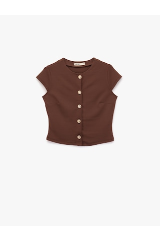 Koton Slim Fit Mücevher Düğme Detaylı Bisiklet Yaka Kap Kol Bluz Kahverengi 6sak50417ek Kahve