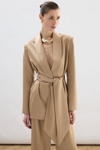 Sateen Kuşaklı Saten Ceket - Camel-137008 CAMEL