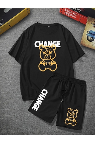 Unisex Oversize Change Baskılı Siyah Bisiklet Yaka T-shirt Şort Siyah