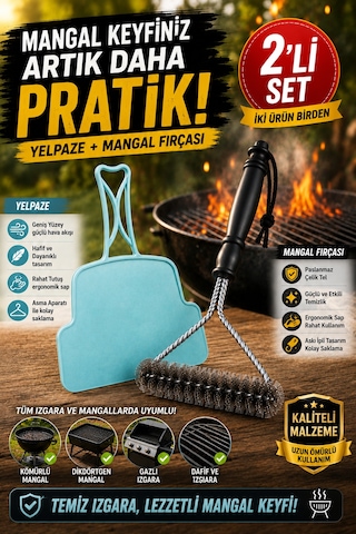 2'li Set Mangal Yelpazesi Ve Izgara Temizlik Fırçası Kamp Piknik Barbekü Mangal Aksesuarı Pratik