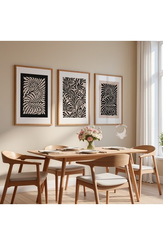 3 Lü Modern Çerçevesiz Poster Seti Soyut Yaprak Desenli Siyah Bej Duvar Dekoru Dekoratif Poster