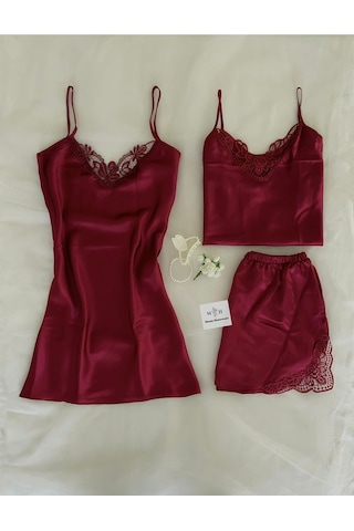 Mh Moony Homewears 3'lü Asil Bordeaux Saten Bordo Çeyiz Seti Bordo