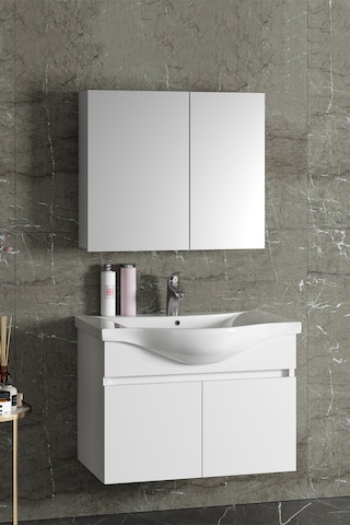 Yıldız 80 Cm Beyaz Mdf Seramik Lavabolu Asma Banyo Dolabı Takımı Beyaz