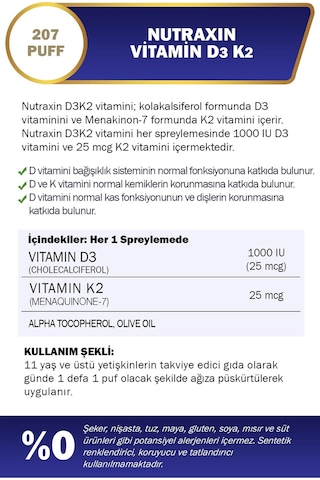 Nutraxin D3-k2 Sprey - 1000 Iu D3 Ve 25 Mcg K2 Vitamini 30 Ml