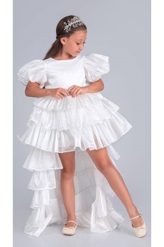 Mnk Baby & Kids Kız Çocuk Eklenebilir Kuyruk Detaylı, Taçlı Aspendos Abiye Elbise M00758 Beyaz