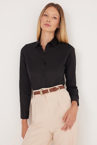 Tudors Kadın Slim Fit Dar Kesim Vucüda Oturan Uzun Kollu Siyah Basic Gömlek-35323 Siyah