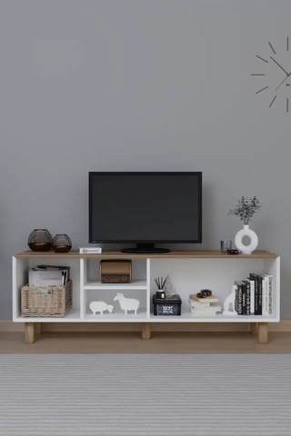 Bohem Serisi Garden Meşe - Beyaz Pvc Hasır Desen Tv Ünitesi Açık Ceviz & Beyaz