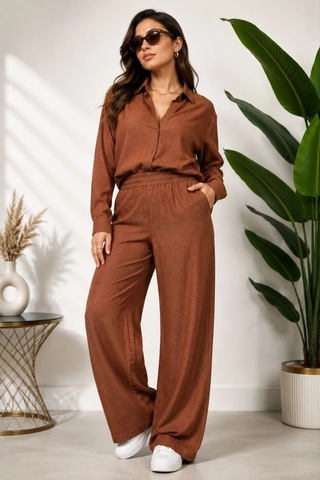 Novalisse Kadın Sofya Keten Gömlek Pantolon Alt Üst Takım Uzun Kollu - Kahverengi Çoklu Renk