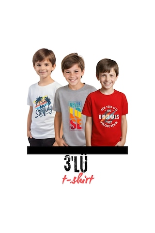 Panios Kids Unisexs 3lü Yuvarlak Yaka Çocuk Baskılı Kısa Kollu T-shirt Çok Renkli
