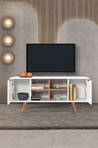 3318 Sina 130 Cm Ahşap Ayaklı , Metal Kulplu Tv Ünitesi , Beyaz - Söğüt , Tv Sehpası , Salon Diğer