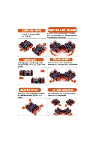 Uzaktan Kumandalı Işıklı Çok Yönlü Drift Tekerlekli Dublör Akrobat Araba Stunt Drift Car - Turuncu Turuncu