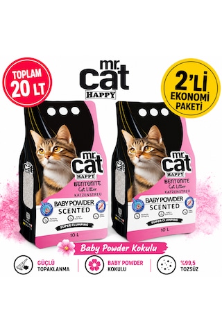 Mr.cat Happy Baby Powder Kokulu Bentonit Kedi Kumu 10 Lt X 2 Adet Toplam 20 Lt Güçlü Topaklanan %99,5 Tozsuz
