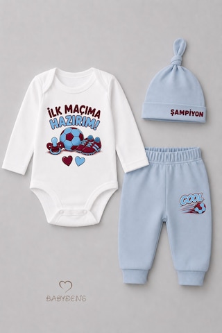 Babyden's Bebek 3'lü Takım Bordo Mavi Taraftar Temalı Uzun Kol %100 Pamuk Yenidoğan Body Pantolon Şapka Seti İlk Maçıma Hazırım 0-9 Ay