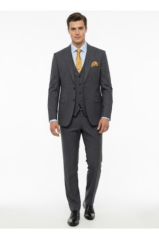 Presto Erkek Slimfit Armürlü 6 Drop Yelekli Takım Elbise Füme 786-070 Gri