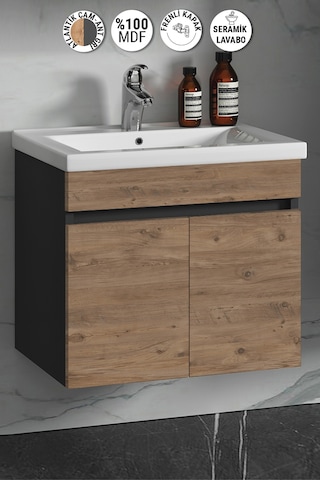 Çiğdem 65 Cm Antrasit Gri Mat-Atlantik Çam Mdf Banyo Alt Dolabı Antrasit - Atlantik Çam