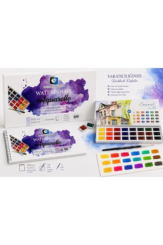 Alex Schoeller Aquarelle Sulu Boya Defteri 300gr 16x35cm 12yp Spiralli St. Petersburg Sonnet 24lü Tablet Karton Kutu Sulu Boya Set Karışık Renkli