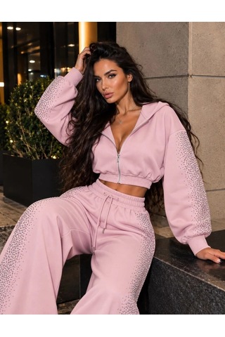 Zennamoda Kadın Taş Baskı Detaylı Fermuarlı Crop Sweatshirt Ve Geniş Paça Eşofman Takımı Pembe