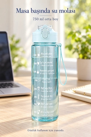 Tilbe Home 3lü Motivasyonel Suluk Matara Seti 2000+750+280ml Pipetli Sticker Askılı Spor Okul Su Şiş Mavi
