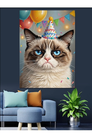 Doğum Günü Şapkalı Grumpy Cat Dekoratif Kanvas - Mdf Ahşap Tablo