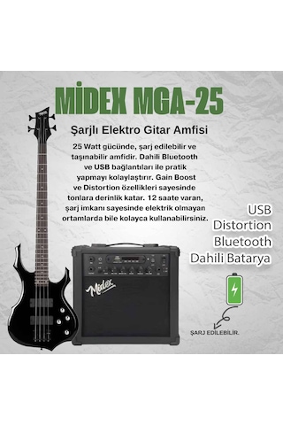 Midex Mbg-410bk-25amp 4 Telli Bas Gitar Ve 25w Amfi Gigbag Kulaklık Set