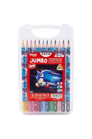 12 Li Jumbo Kuru Boya Kalemi Plastik Kutu 1 Paket Fatih Sonic Figürlü Kalın 12 Renk Kuruboya Tam Boy Renkli Kalem Çok Renkli
